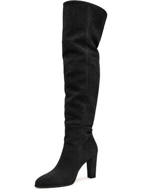 Women Black Suede Side Zipper Over-the-Knee Slouchy Chunky Block High Heel Boot